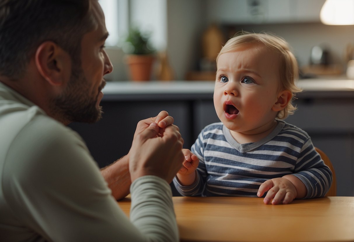 A concerned parent seeking advice from a professional about stopping a baby from putting their hands in their mouth