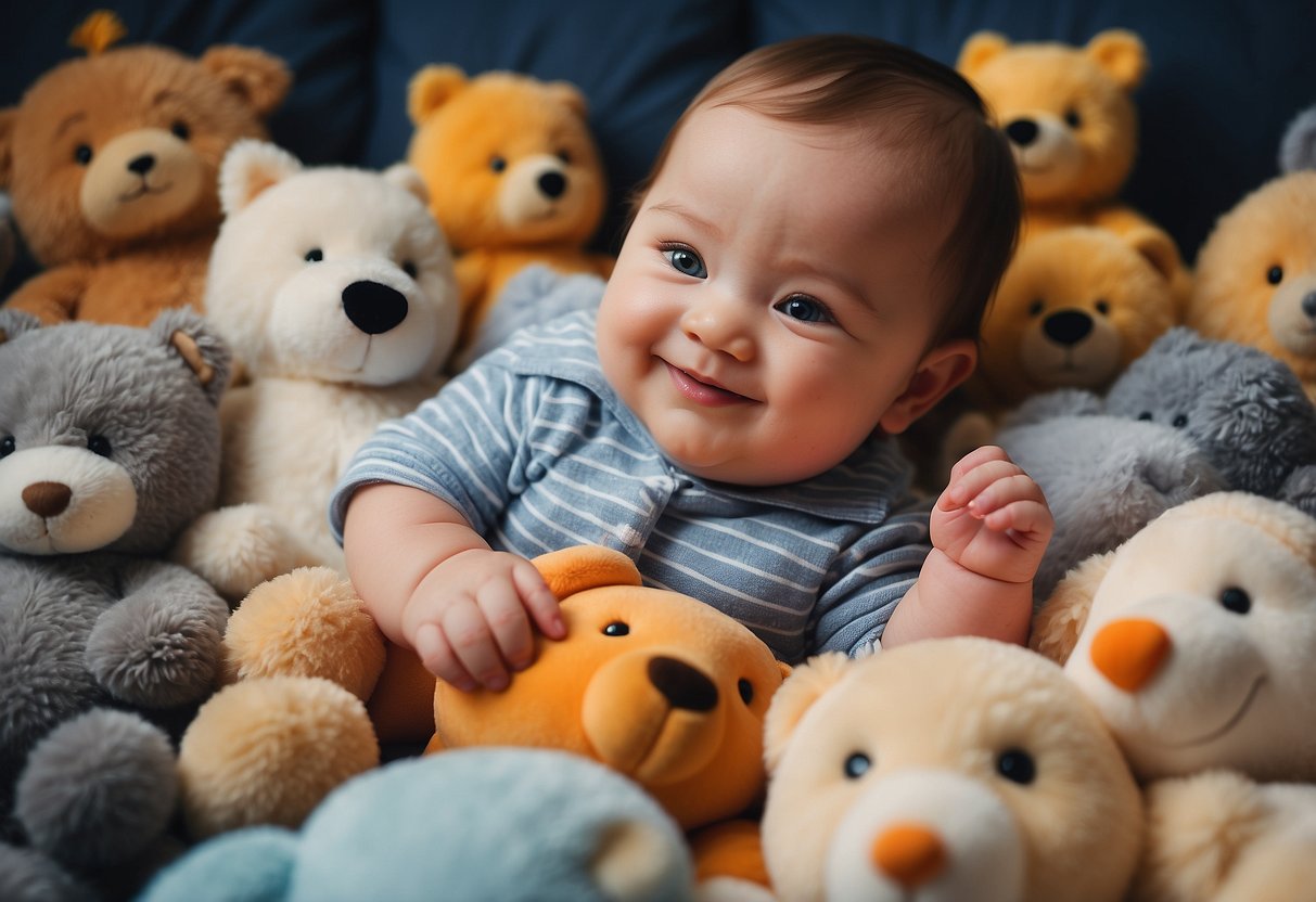 A chubby-cheeked baby surrounded by soft toys and smiling brightly