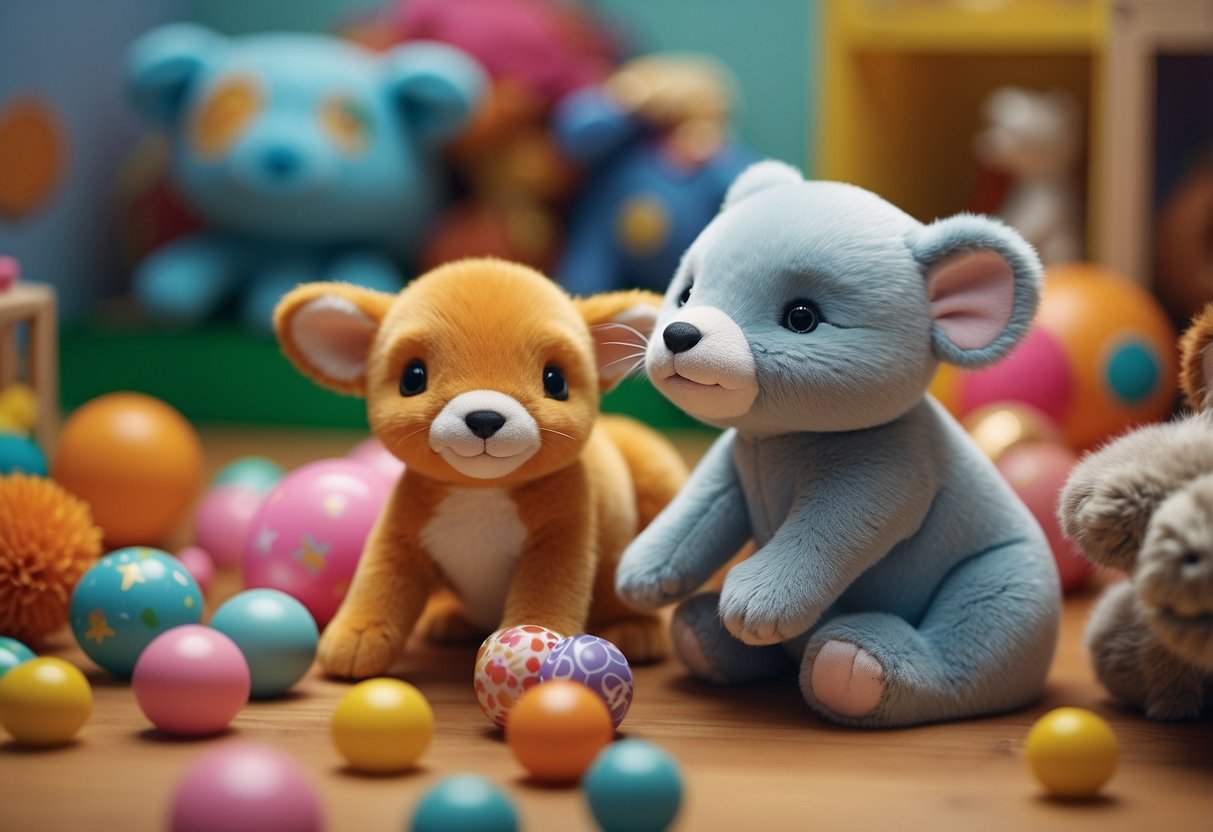 A diverse group of baby animals playing with gender-neutral toys in a colorful, multicultural nursery setting