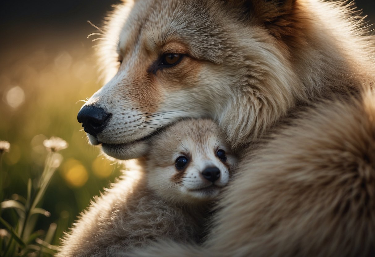 A fluffy baby animal nuzzling its parent, eliciting a tender and protective response