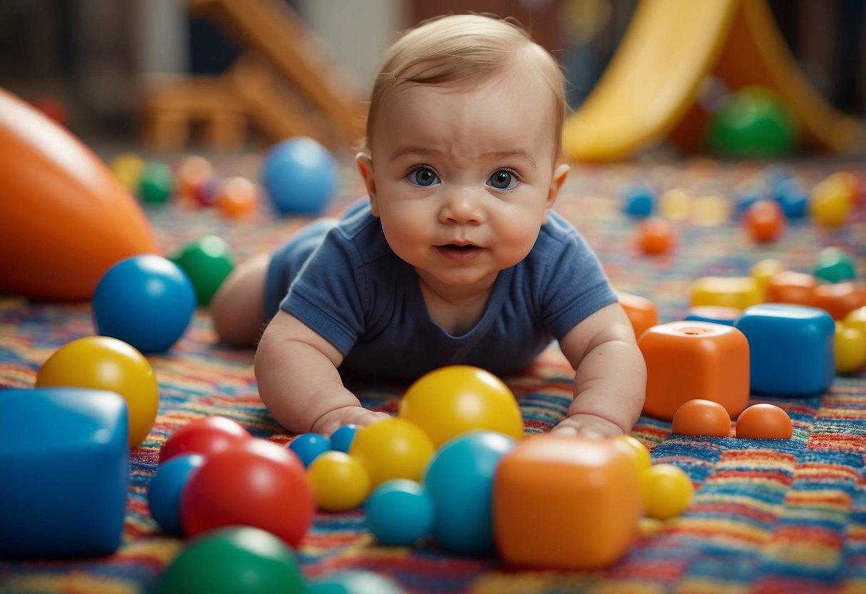 A baby crawls on a soft, padded surface, surrounded by colorful toys and obstacles to encourage movement