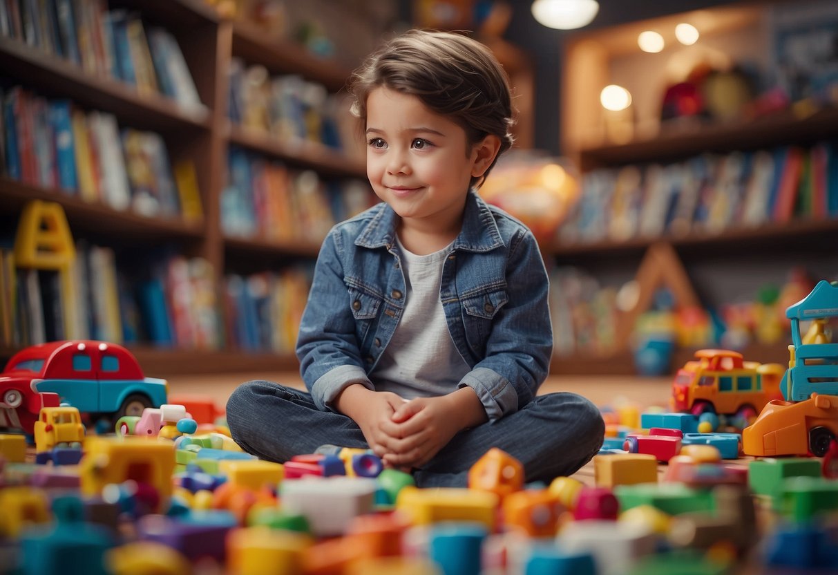 A young child practices clear speech, surrounded by colorful books and toys, engaging in conversation with an adult