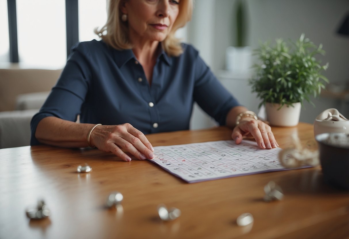 A woman in her 50s looking at a calendar with fertility symbols, surrounded by question marks and obstacles