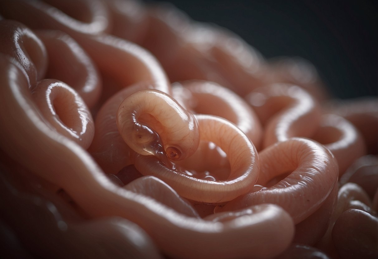 The fetus is curled up, floating in amniotic fluid, occasionally stretching and kicking. The umbilical cord connects to the placenta