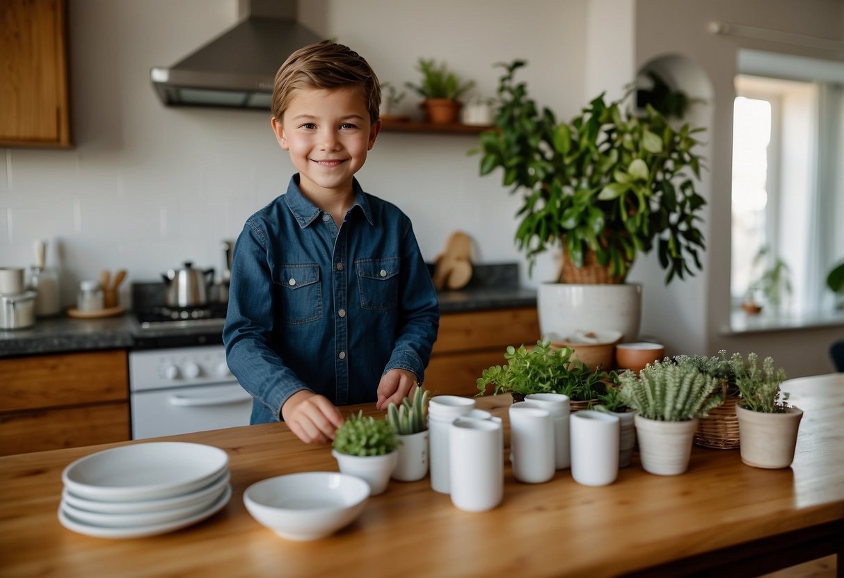 A 10-year-old sets the table, folds laundry, and waters plants in a cozy kitchen. A calendar on the wall shows chore assignments