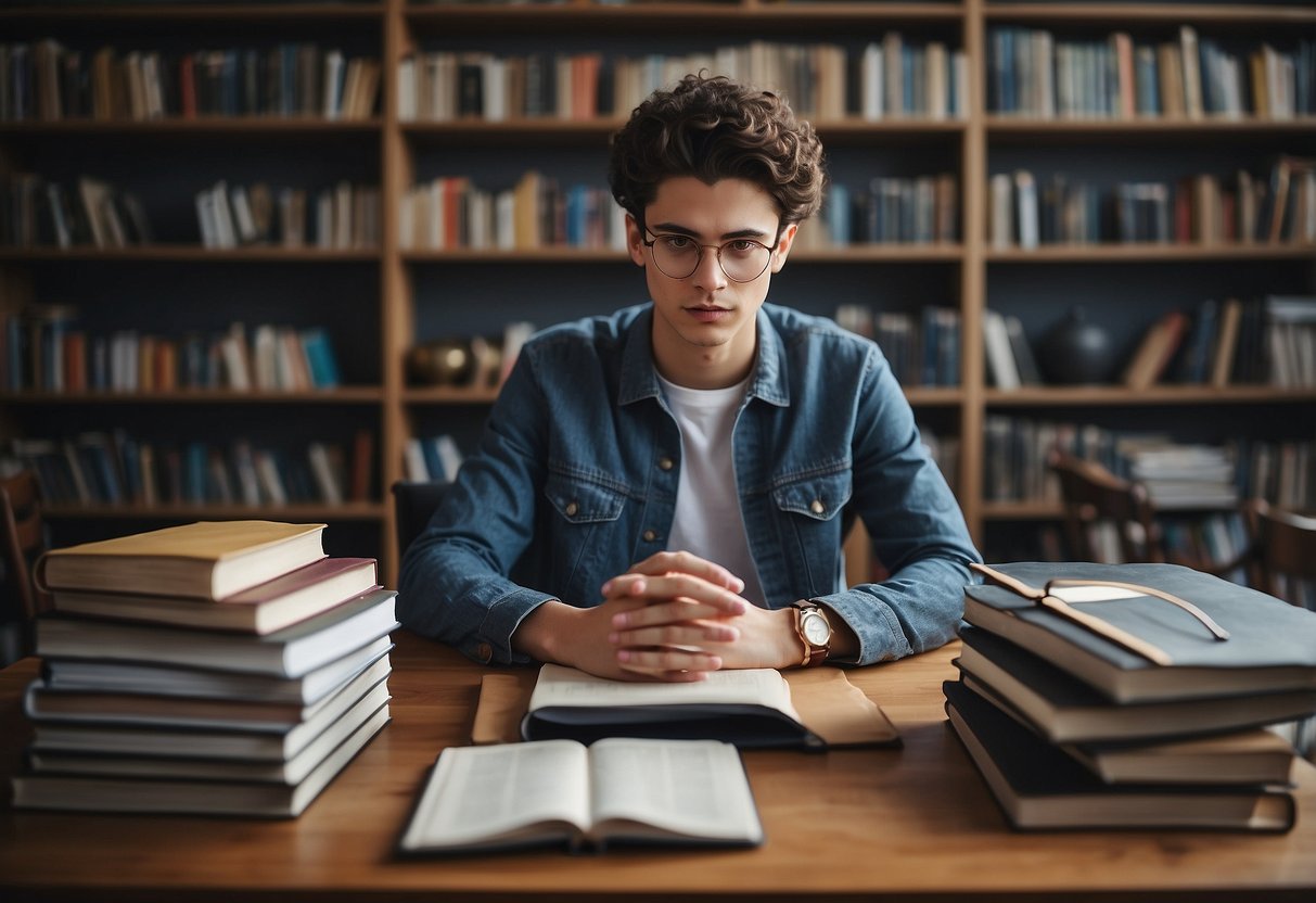 A 19-year-old surrounded by books, a laptop, and a journal, engaged in self-reflection and goal-setting. A calendar on the wall shows a busy schedule