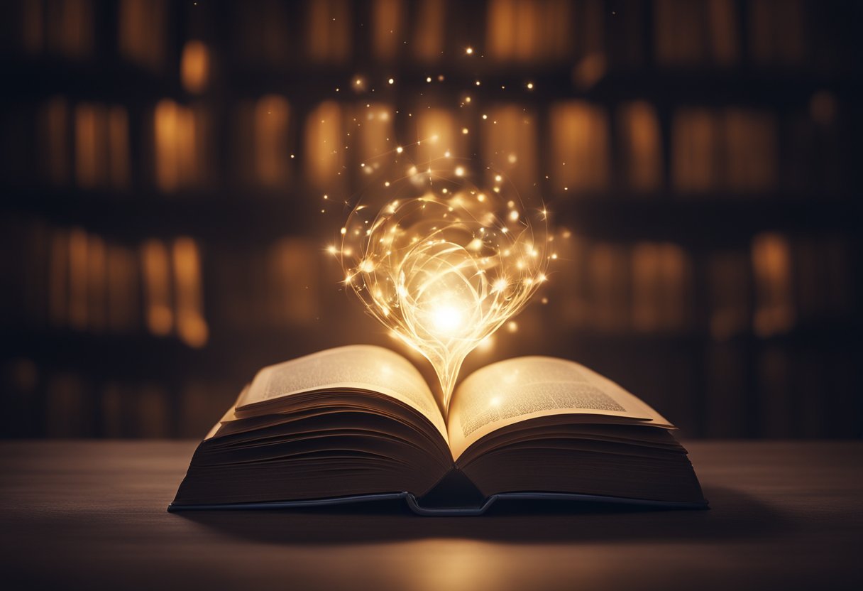 A glowing light emanates from an open book, surrounded by swirling energy and a sense of wonder