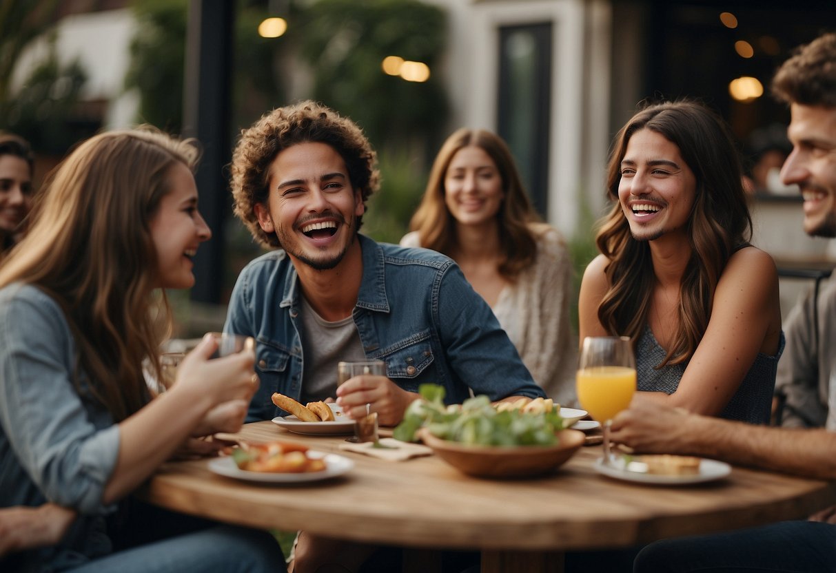 A 24-year-old engages in conversation with friends at a lively social gathering, laughing and sharing stories while enjoying each other's company