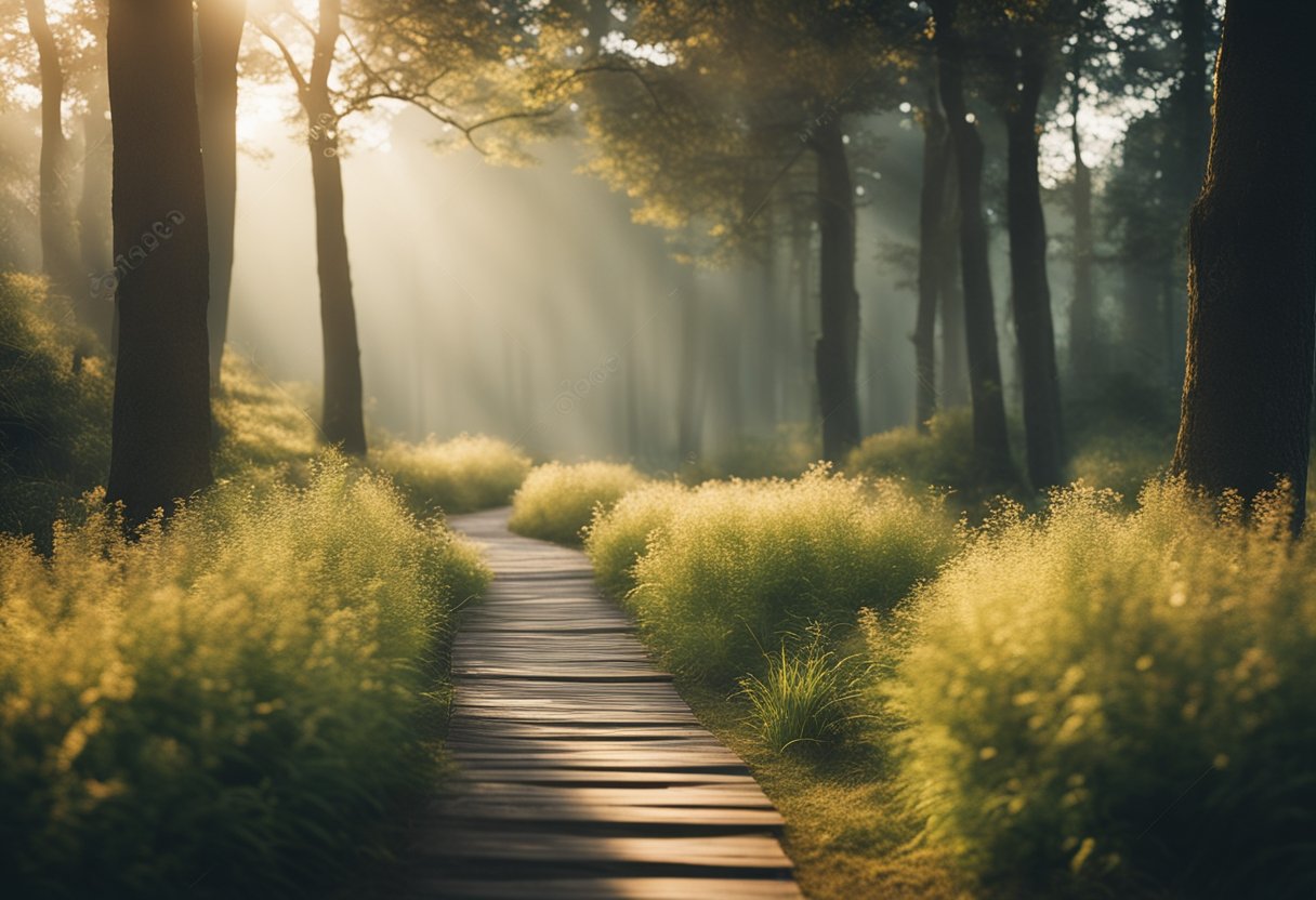 A path leading to a glowing, ethereal destination, with a sense of hope and anticipation