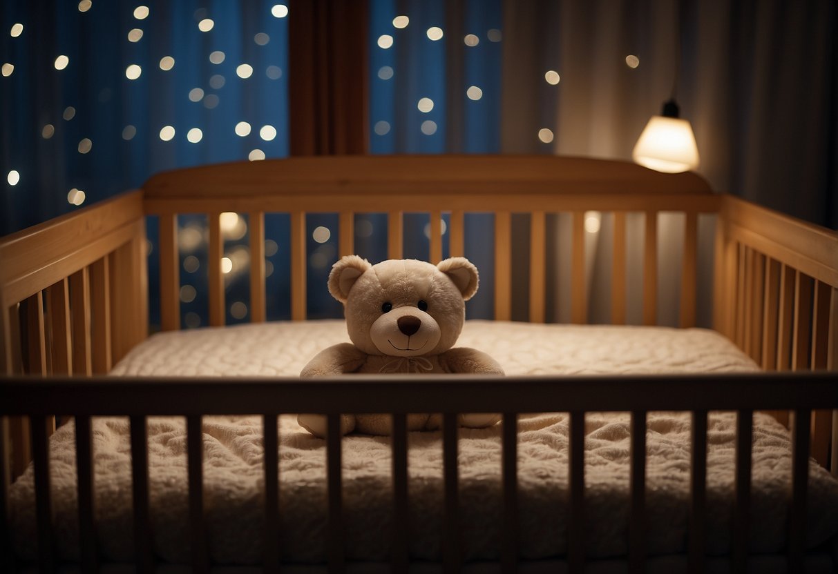 An empty crib in a dimly lit room, with a soft blanket and a stuffed animal, suggests bedtime for an 11-month-old