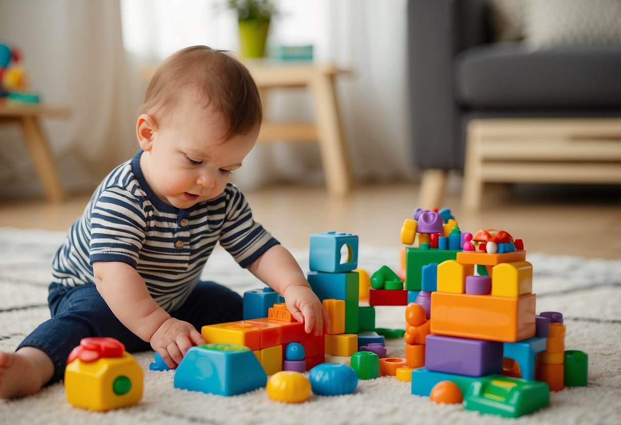 A 15-month-old playing with colorful, textured toys while an adult points to and names objects in a book