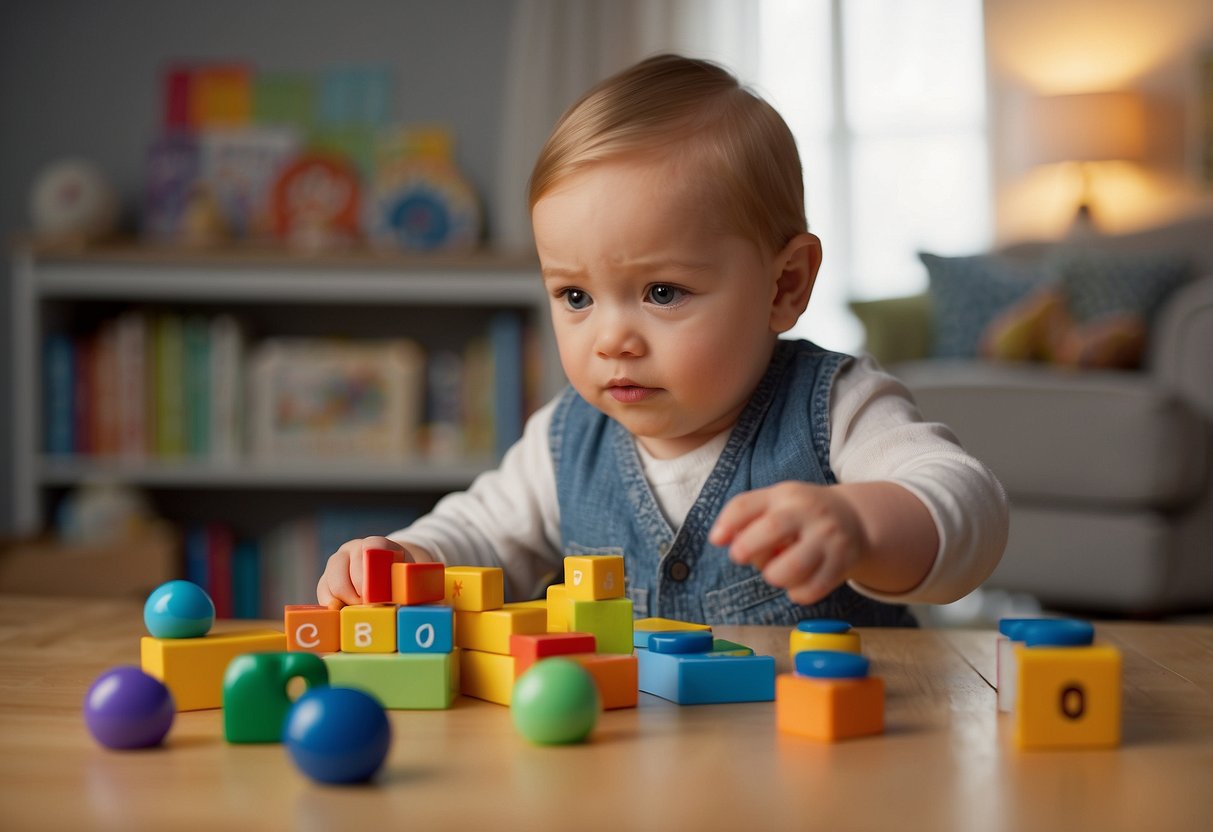 A 15-month-old pointing at objects while an adult labels them, encouraging back-and-forth communication. Books and toys with simple words and sounds are present