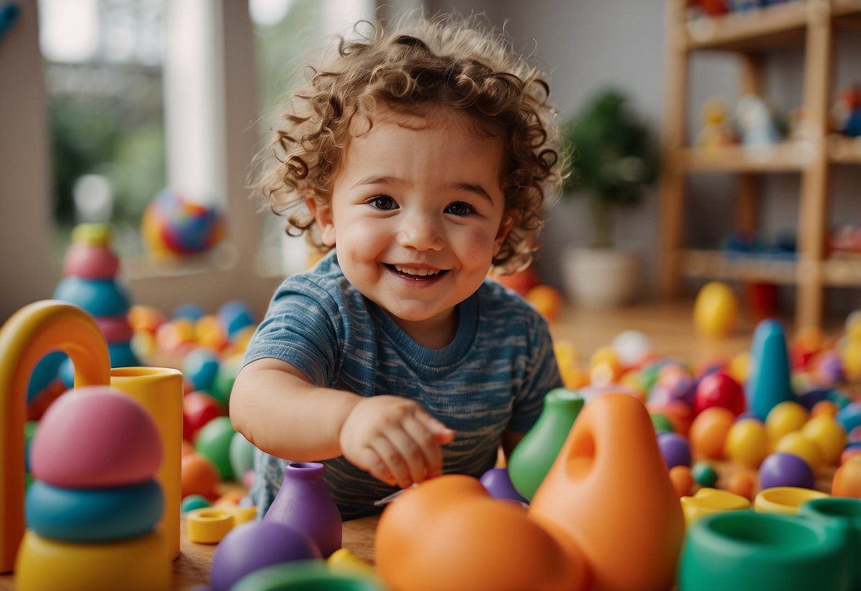 A colorful play area with sensory toys, art supplies, and musical instruments. A caregiver smiling and engaging with the toddler