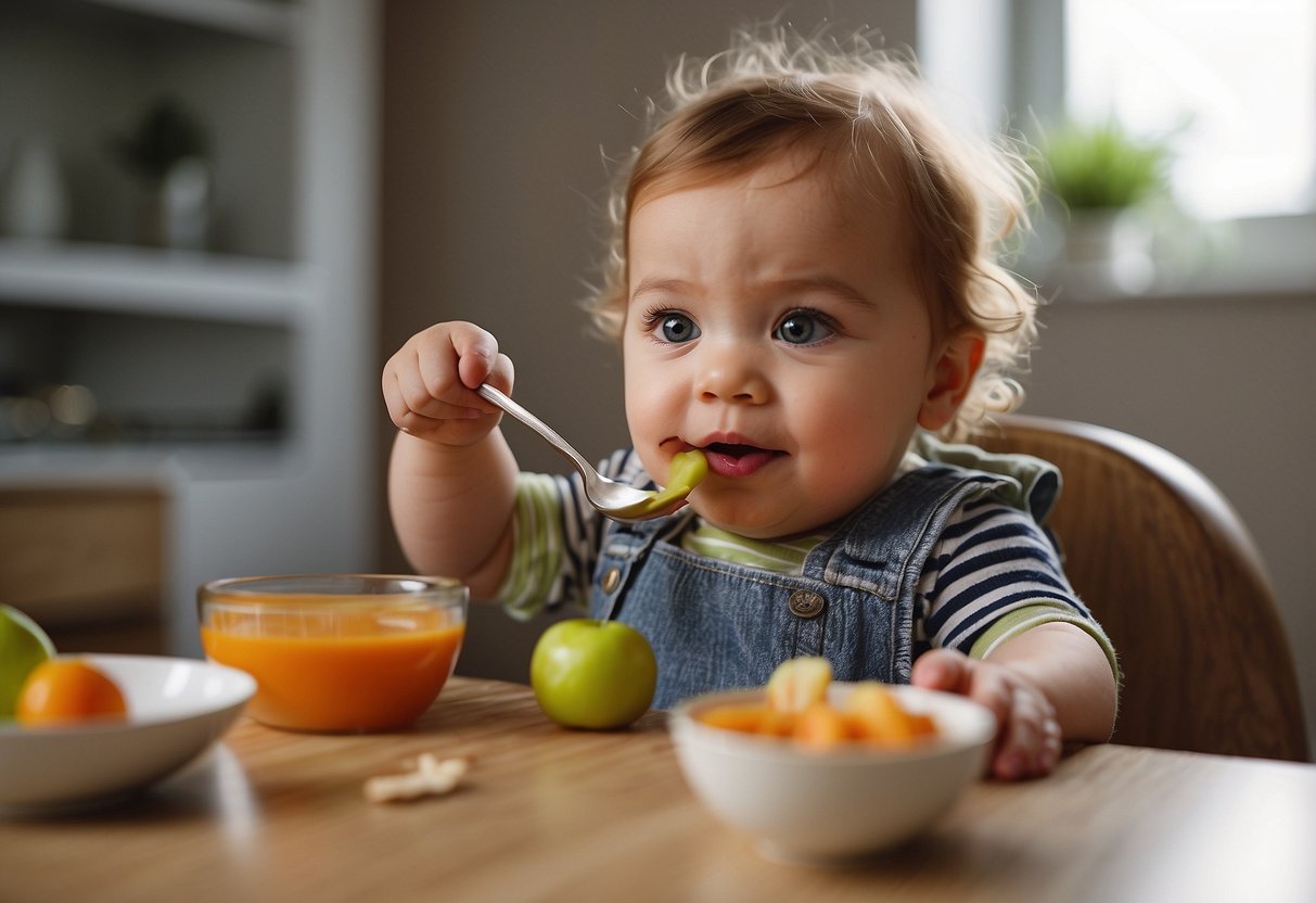 A 15-month-old child independently attempts to feed themselves with a spoon, while a caregiver encourages and supports their efforts