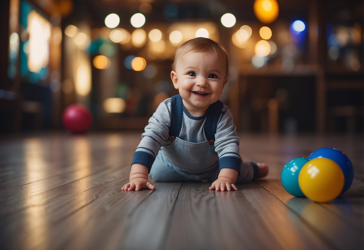 A smiling baby points to a colorful ball on the floor