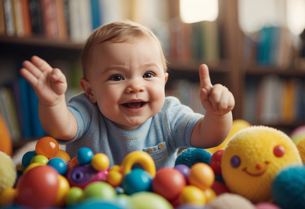 A smiling baby pointing at a colorful object, surrounded by toys and books