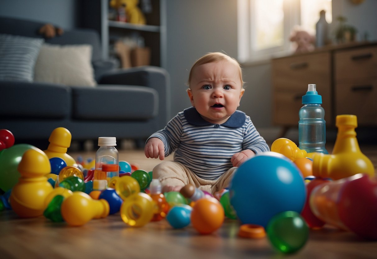 A crying baby surrounded by scattered toys and empty bottles, while a tired parent looks on with a mix of exhaustion and frustration