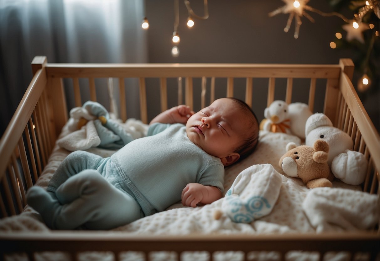 A crying newborn in a crib, surrounded by baby essentials like diapers, bottles, and a soothing mobile