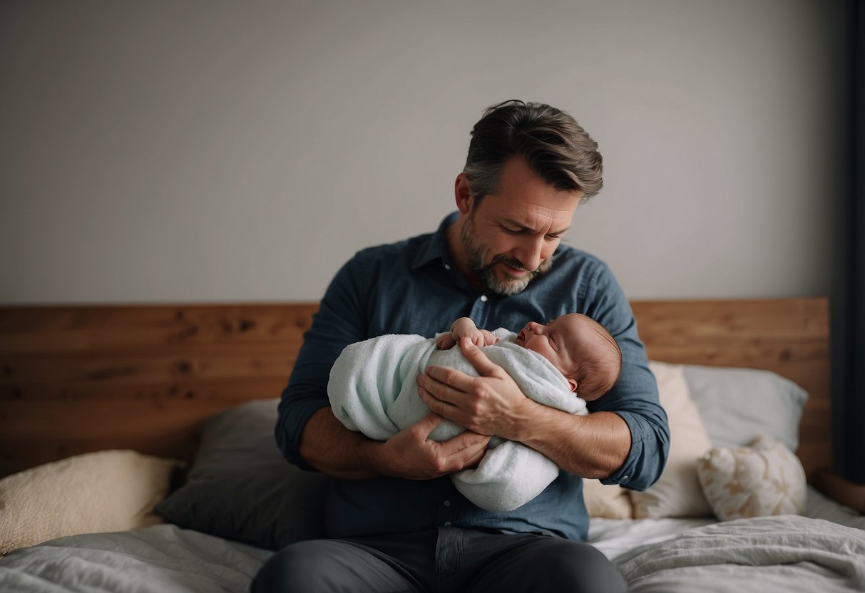 A tired parent juggling a crying newborn, dirty diapers, and sleepless nights