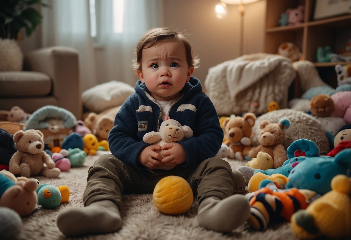 A tired parent sits surrounded by scattered toys and baby gear, looking overwhelmed. The baby is crying, and the parent's face shows exhaustion and frustration