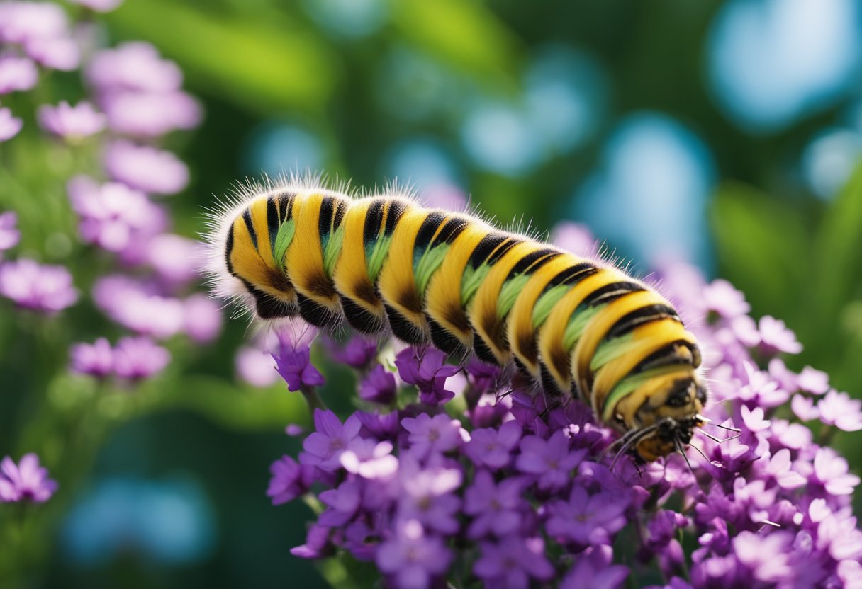 A caterpillar transforms into a butterfly, symbolizing acceptance and renewal. The scene is set in a lush garden with vibrant flowers and a clear blue sky