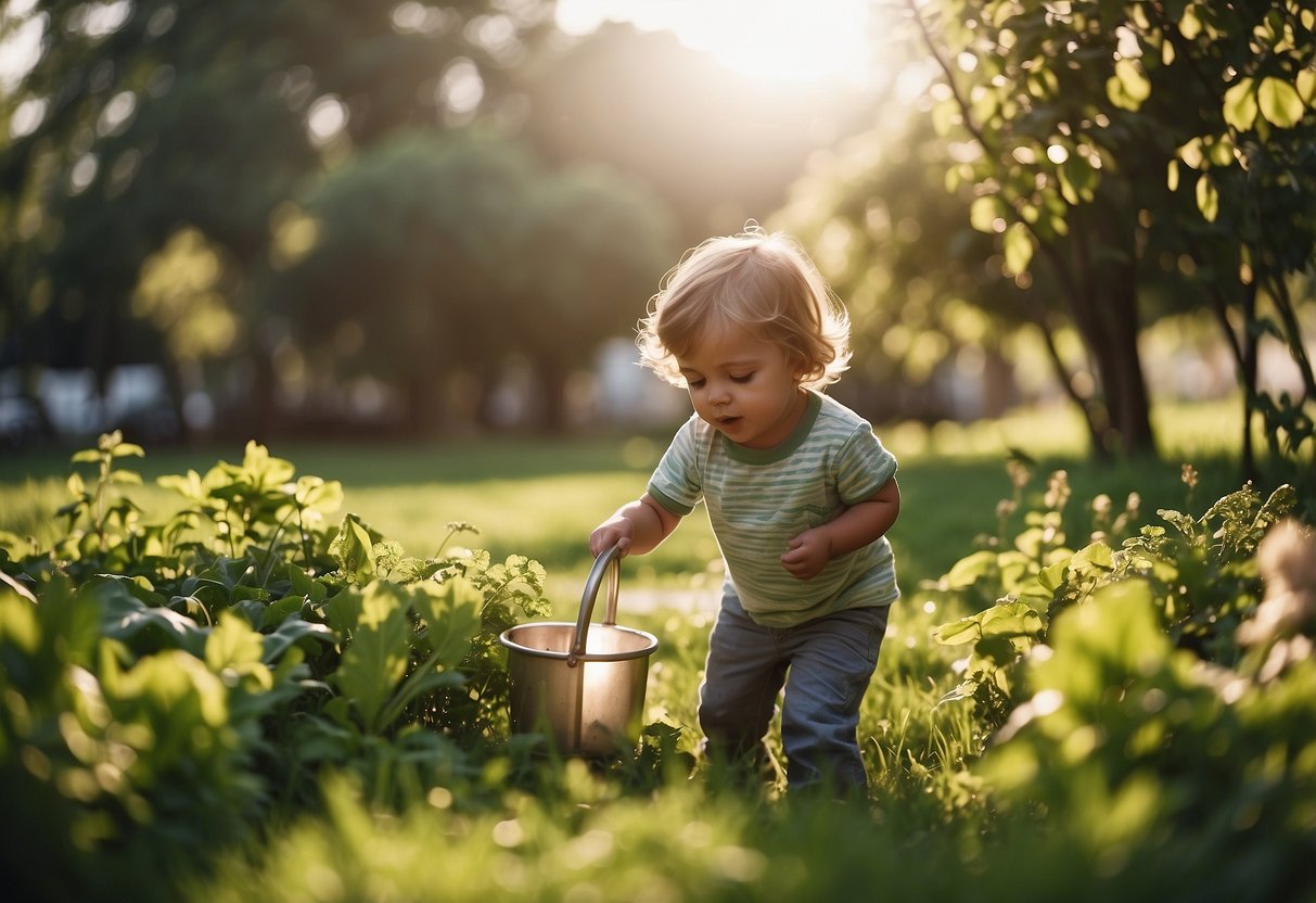 A child playing in a clean, green environment, surrounded by fresh air and healthy food options