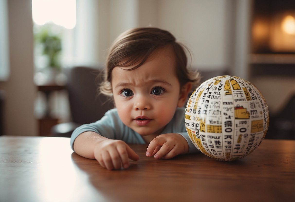 A toddler pointing at objects and attempting to say simple words like "mama," "dada," "ball," and "dog."