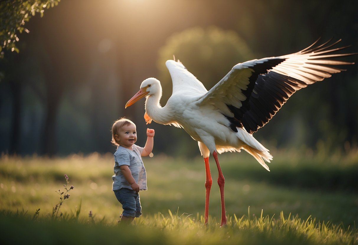 A stork delivering a baby to a smiling couple in a peaceful, nature-filled setting