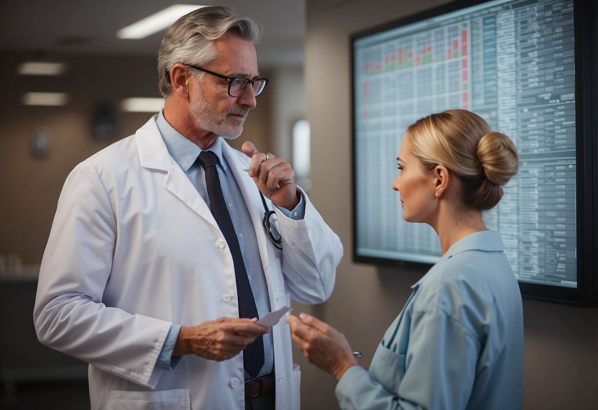 A doctor pointing to a chart of age-related health risks, with a worried couple discussing pregnancy options