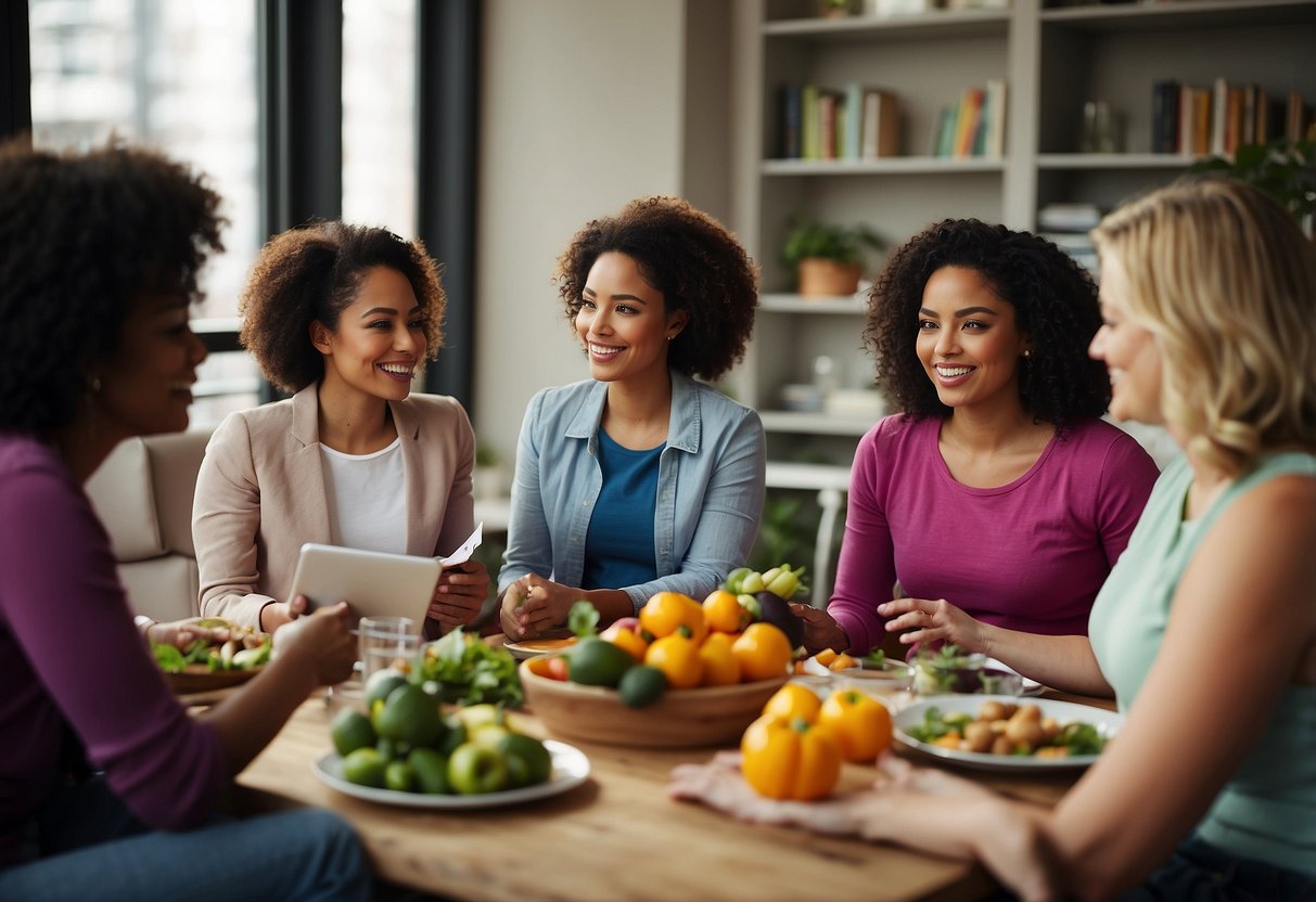 A vibrant, diverse group of women engage in conversation and research, surrounded by books, healthy food, and prenatal vitamins