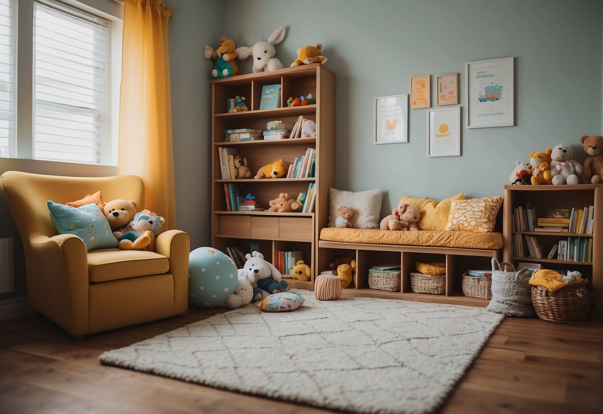 A baby's room with colorful toys scattered on the floor, a bookshelf filled with children's books, and a cozy reading nook with soft cushions and a small table with flashcards and picture books