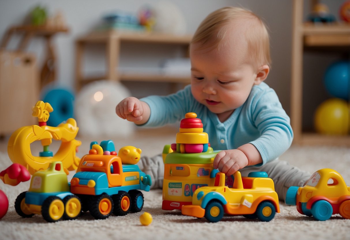 A baby's environment with colorful toys, books, and a parent speaking and interacting with the child