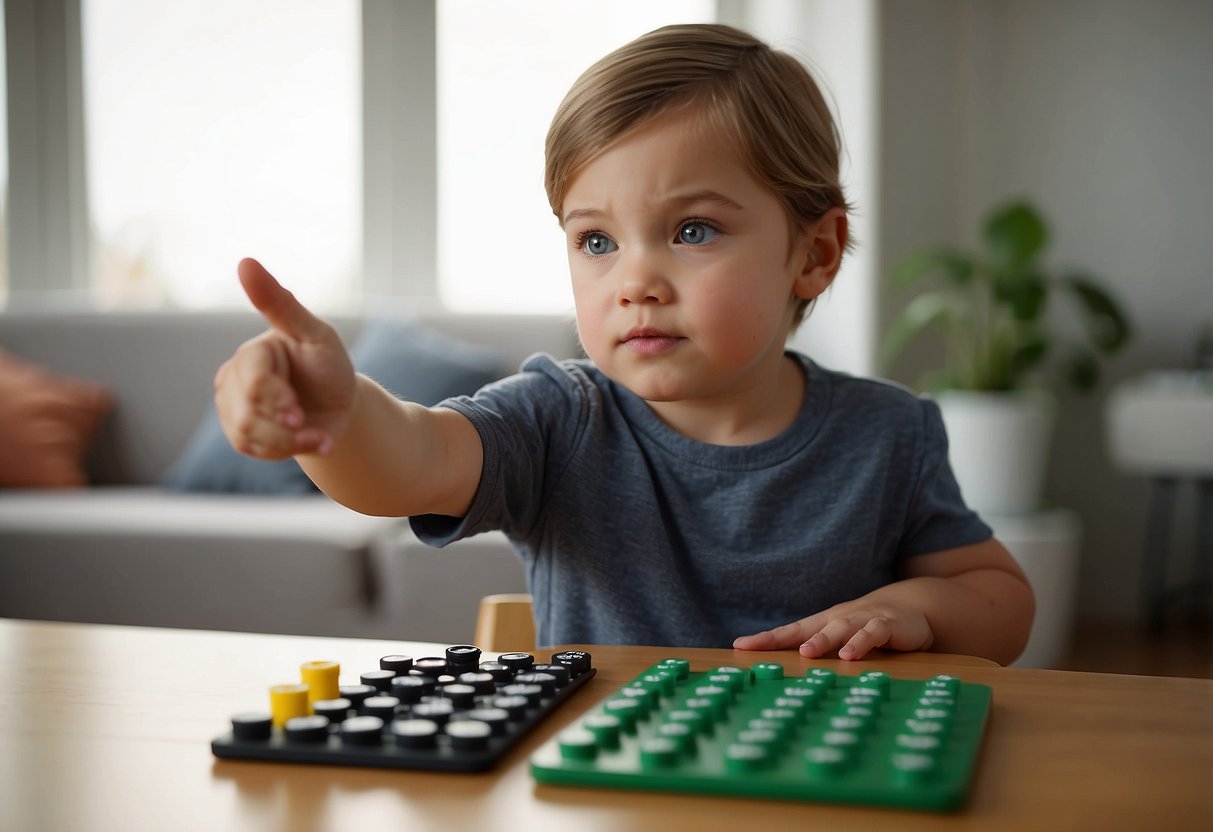 A child pointing to objects while counting to 10, with a look of concentration on their face. They may be using their fingers to help keep track