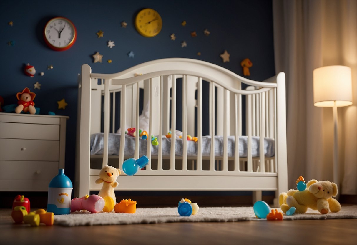 A baby's crib with scattered toys and a spilled bottle. A clock on the wall shows 3 am. The baby's face is scrunched up, tears streaming down