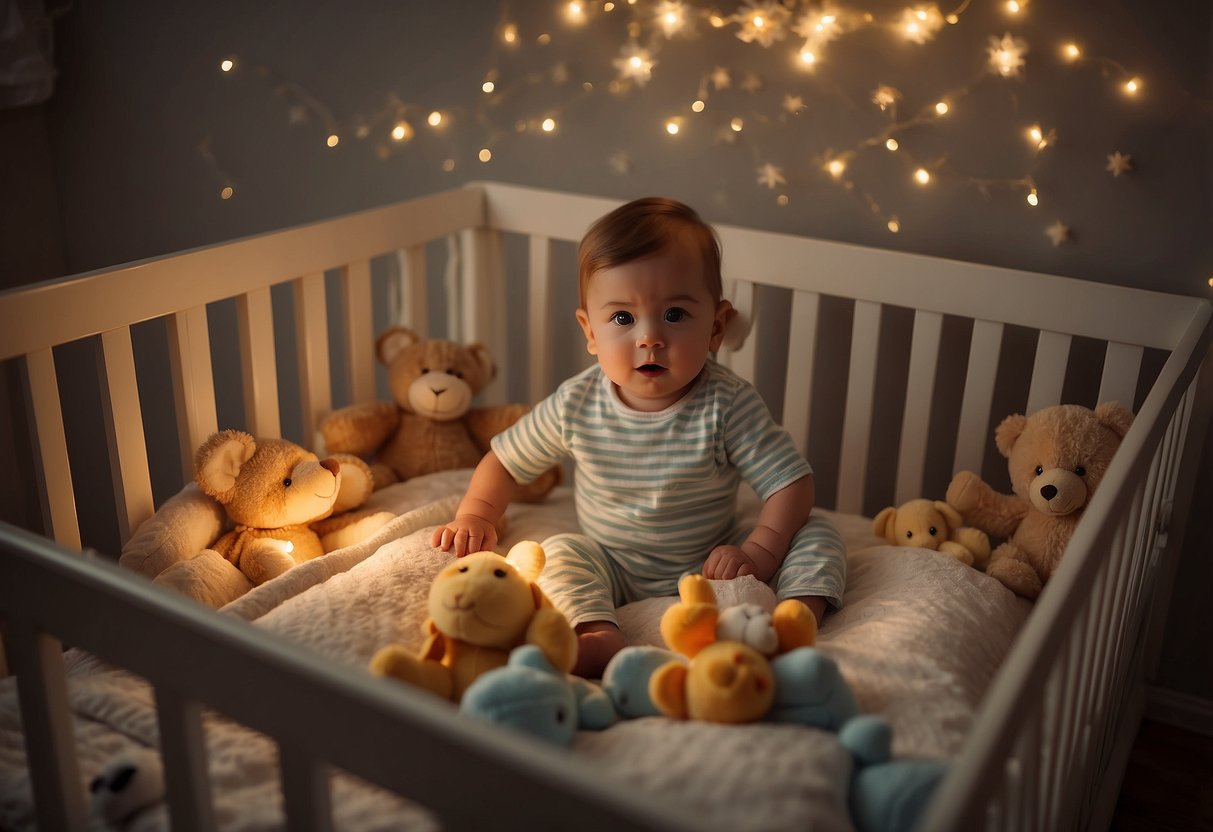 A baby lies in a cozy crib, surrounded by soft toys and a gentle mobile. The room is dimly lit, creating a calm and serene atmosphere
