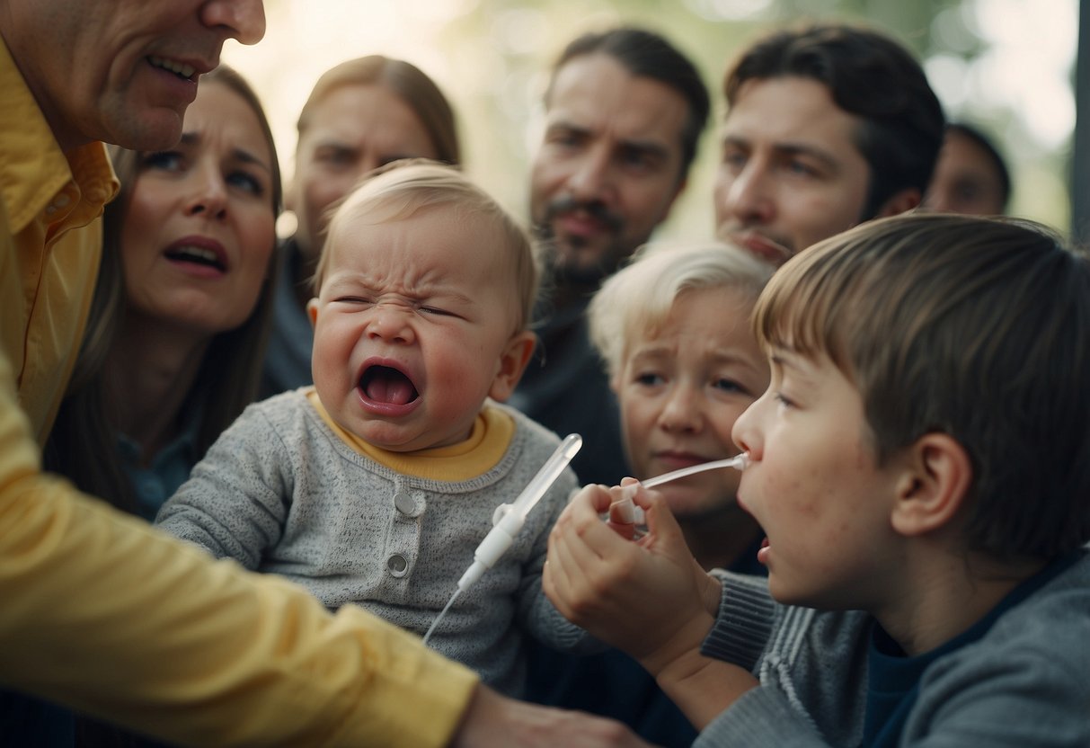 A crying baby with a thermometer in the mouth, surrounded by concerned adults