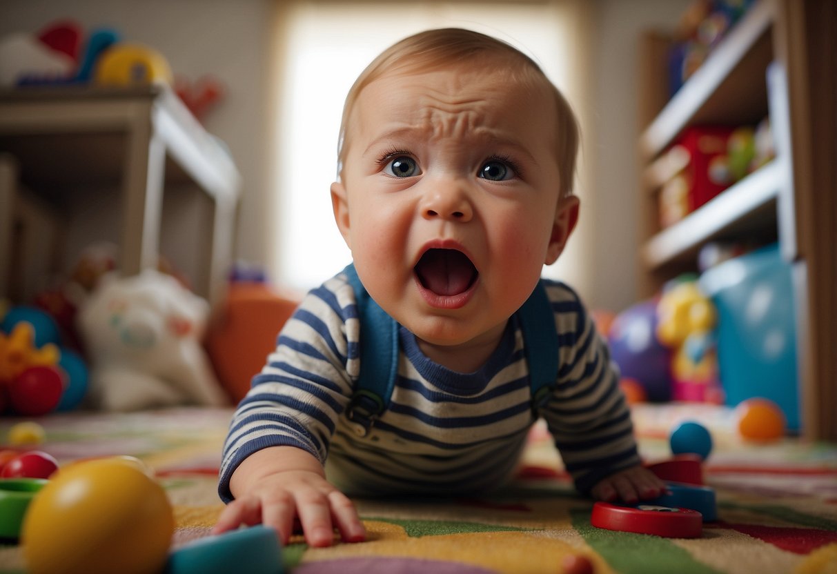 A 15-month-old screams in frustration, pointing at a toy out of reach. The room is cluttered with scattered toys and the child's face is contorted in distress