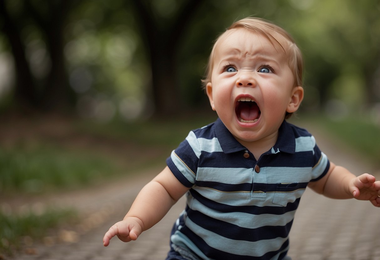 A 15-month-old screams, expressing frustration and seeking attention. Their face contorts with emotion, tears may stream down their cheeks. They may stomp their feet or throw objects in a tantrum