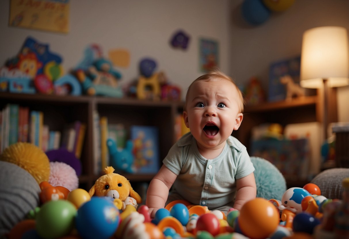 A 15-month-old screams while surrounded by toys and books. A parent tries to comfort them with a gentle touch and soothing words