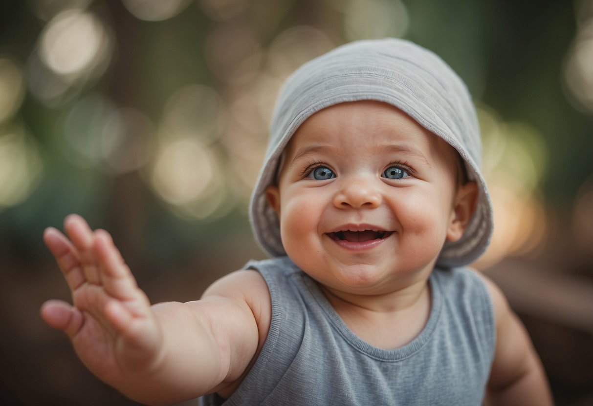 A baby's hand reaches out towards a smiling face, fingers gently exploring the features. The baby's eyes are wide with curiosity and delight as the connection between them and the face is established