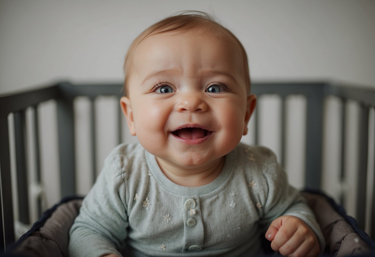 A baby's face lights up, eyes crinkling with a toothless grin as they are lifted from their crib