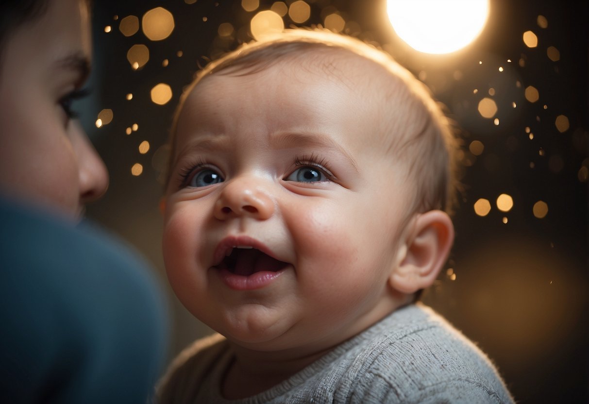 A baby's face lights up as they are lifted, expressing joy and connection in the parent-infant bond