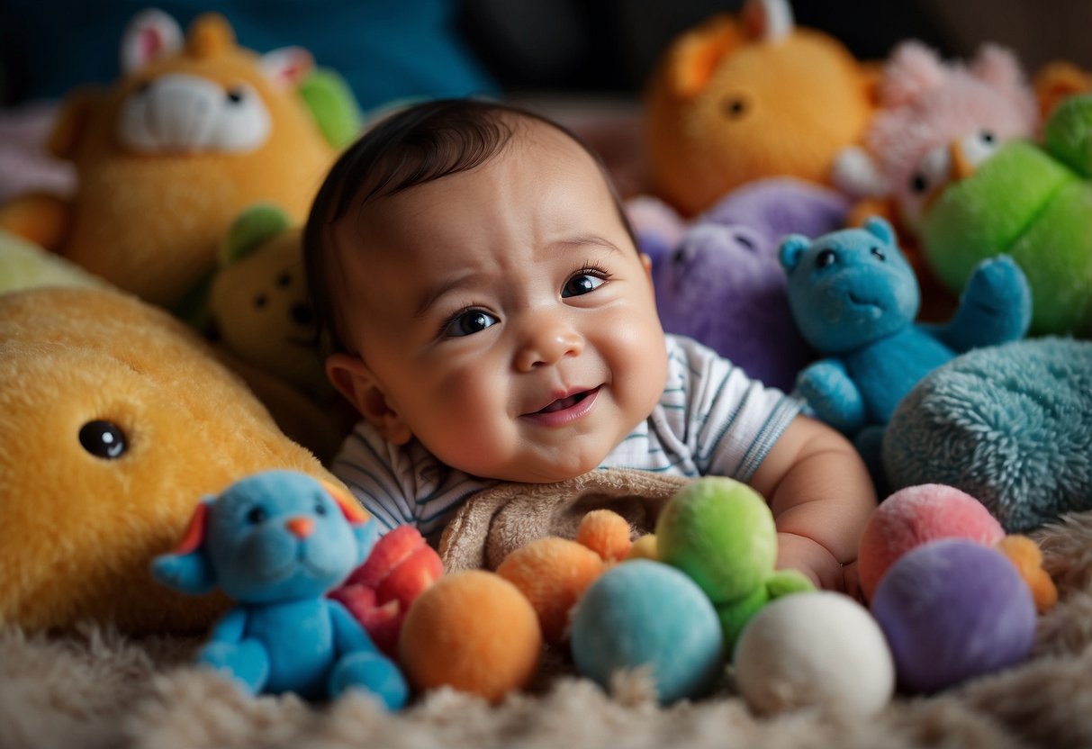 A baby lying on a soft blanket, surrounded by colorful toys. The baby's face is lit up with a big, toothless smile as someone reaches down to pick them up
