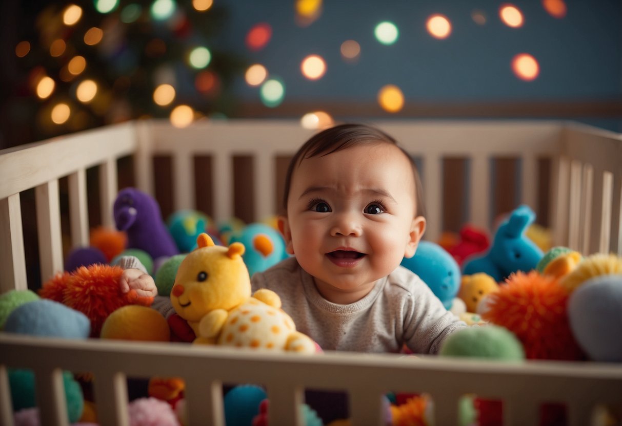 A baby lies in a crib, surrounded by colorful toys. Their face lights up with a big smile as a hand reaches down to pick them up