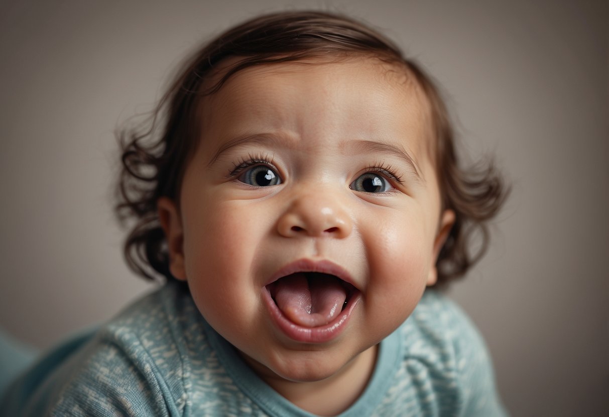 A baby's mouth open in a smile, tongue slightly protruding