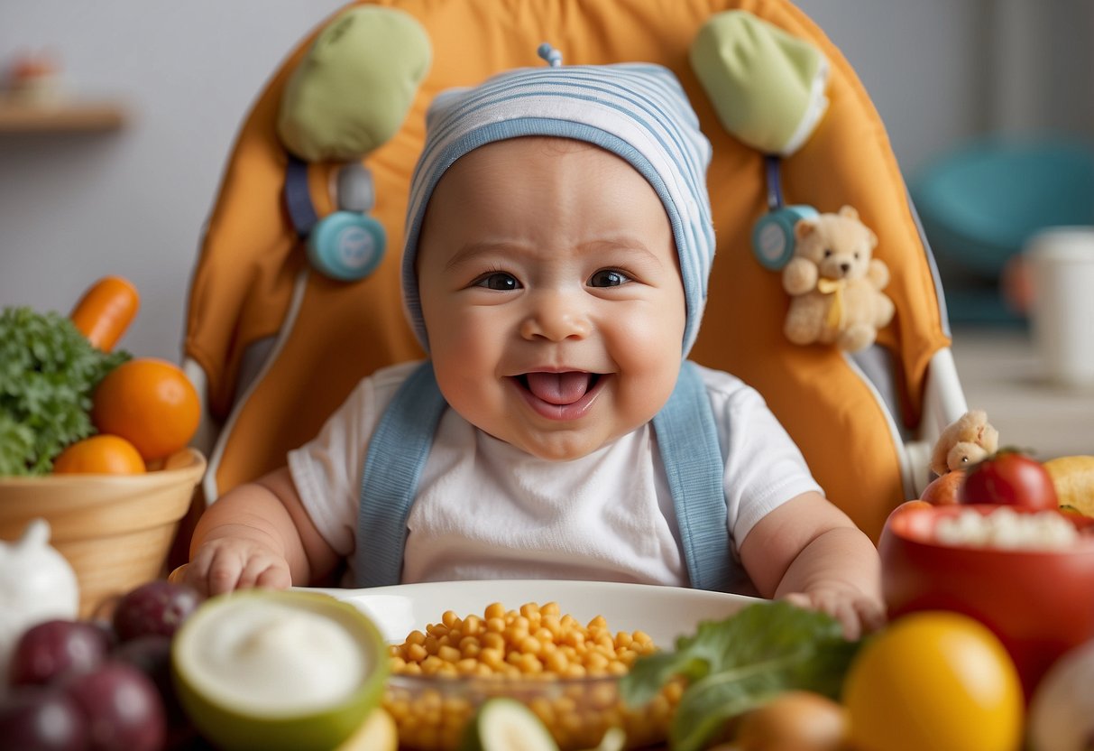 A baby's smiling face with tongue sticking out, surrounded by various baby-friendly foods and feeding utensils