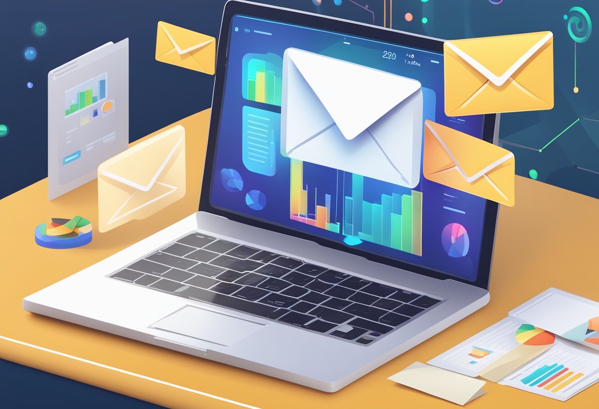 A laptop displaying an email marketing dashboard with graphs and charts, surrounded by a stack of envelopes and a glowing email icon