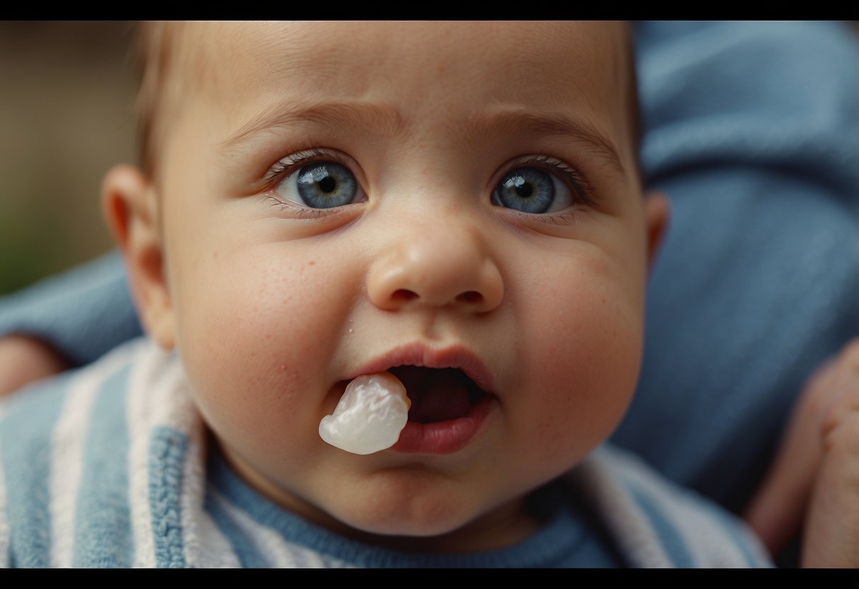 A baby's thumb hovers near their mouth, while their eyes gaze out curiously