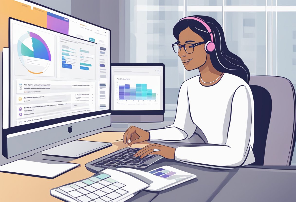 A person at a computer, sending personalized emails to subscribers. The screen shows a list of contacts and a graph of engagement metrics