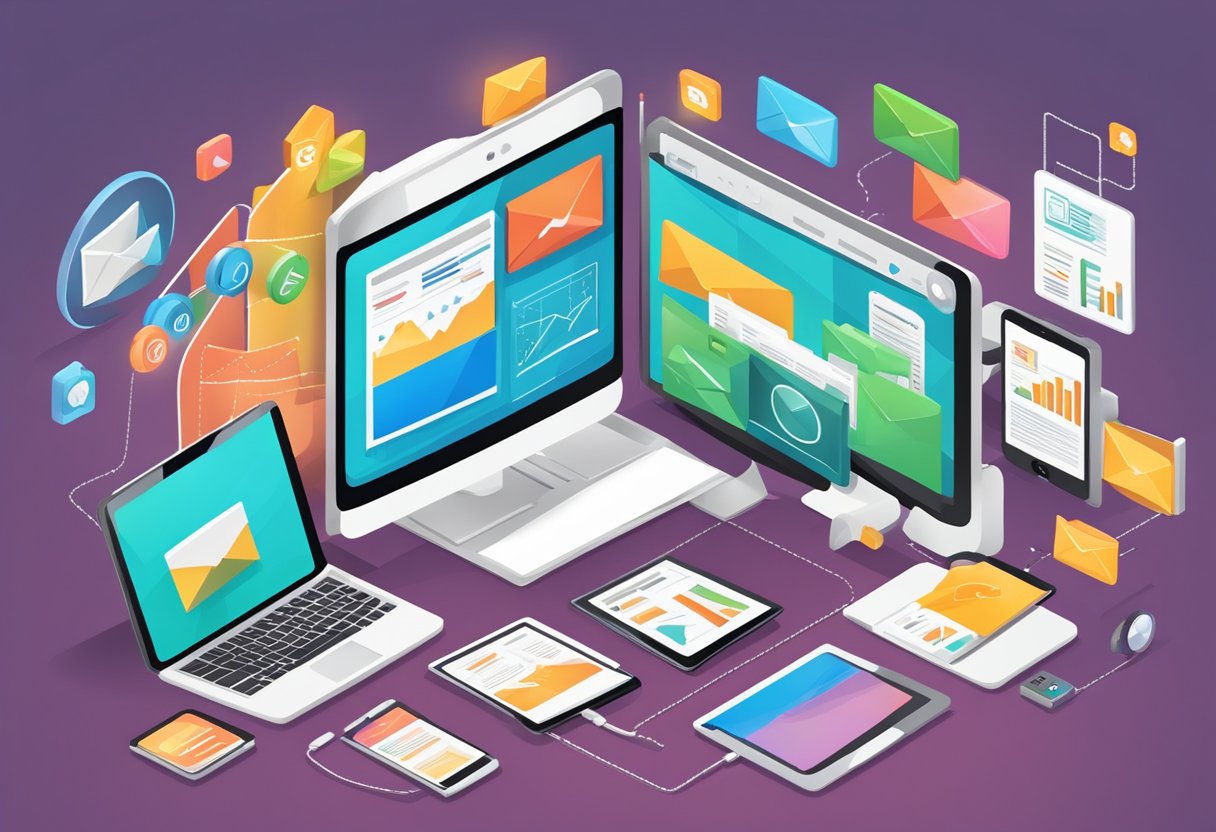 A computer screen displaying an email marketing dashboard with graphs and statistics, surrounded by a variety of devices like smartphones and tablets